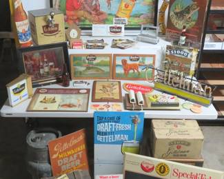 Gettelman beer advertising, rare corrugated sign, light up signs, rare metal $1000 beer display, composite signs, chalkboards, wood boxes, tapper box with ball knob and neons