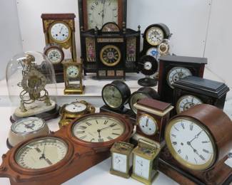 Collection of clocks, Seth Thomas, Tilden Thurber, Chelsea ship bell, skeleton, carriage, Russian submarine, marble/slate, Lepine Horloger, Bigelow Kennard, Spencer Botchkiss, Zimmerman Leipzig