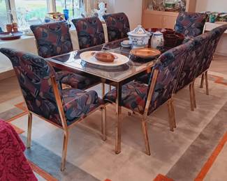 Glass top extension dining table with 8 upholstered chairs, Milo Baughman style for Design Institute of America...