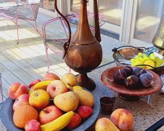 Large selection of mid-century era brass, tinned copper and stone fruit...