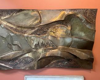 Custom commissioned piece by John Richen, Bronze and Steal large wall relief. Over 15 ft long, featuring abstract cubist style Central Oregon landscape.