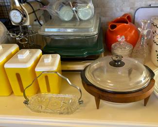 Vintage plastic canisters , vintage casserole dish 
