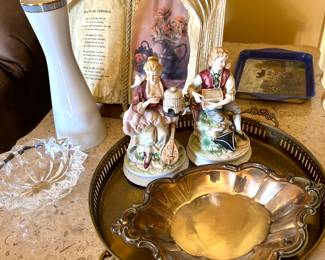 Brass tray , ornate silver plate dish 