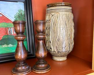 Pottery vase, wooden candlesticks 