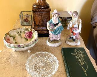 French couple figurines, hand painted bowl 