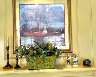 Painting, floral arrangement , metal candlesticks 
