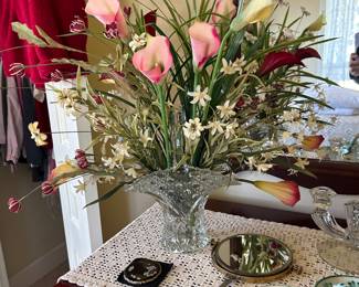 Floral in crystal vase , vintage hand mirror 