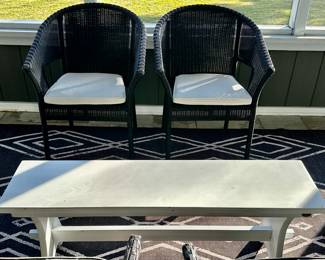 White Bench Style Table and 2 Outdoor Wicker Chairs\