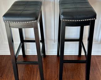 Set of 2 Counter Height Stools with Nailhead Trim. Side View