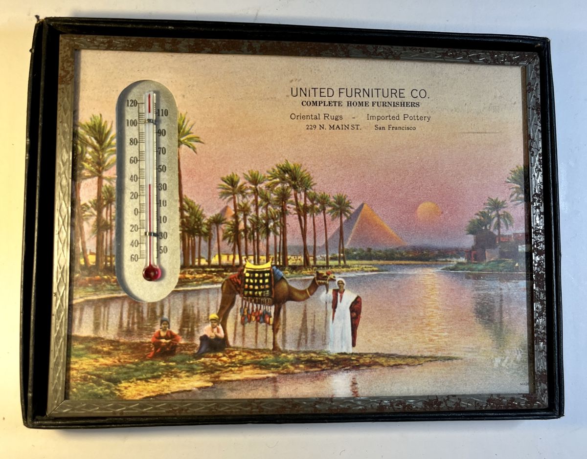 Vintage salesman sample advertising thermometer in box with variety of paper background choices