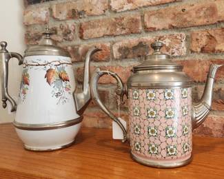 Enameled and pewter coffee and tea pot.