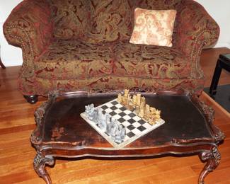 TAPESTRY GOLD AND RED ROLLED ARM LOVESEAT WITH FRENCH COCKTAIL TABLE AND ONYX CHESS SET