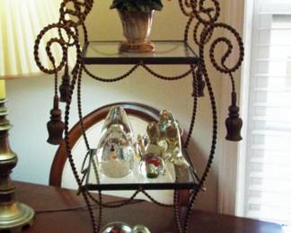 METAL THREE TIER STAND WITH THREE GLASS SHELVES AND FILLED WITH MURANO ART GLASS PAPERWEIGHTS