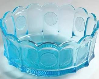FOSTORIA VINTAGE BLUE SCALLOPED BOWL DISH WITH COIN PATTERN