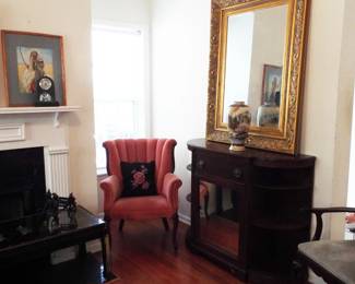CHANNEL BACK ANTIQUE ART DECO CHAIR, MASSIVE GILTED FRAMED MIRROR, DEMI LUNE CONSOLE WITH SHELF SIDES