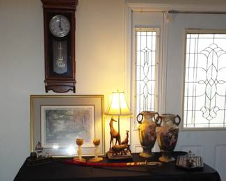 VERICHRON WALL CLOCK, TWO ANTIQUE HANDLE VASE (REPAIRED) AND MADE IN INDIA SWORD AND TRICK DOG MECHANICAL BANK