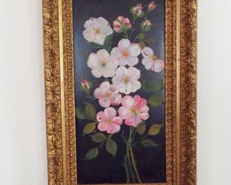 ANTIQUE HANDPAINTED PINK FLOWERS REVERSE PAINTED