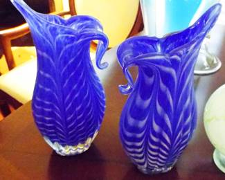 FRATELLI TOSO COBALT BLUE AND WHITE RIBBON HANDMADE MURANO ART GLASS PITCHERS