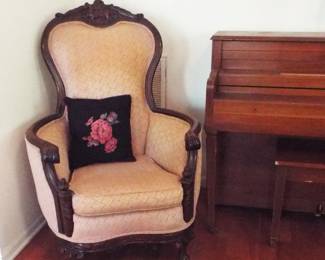 RARE VICTORIAN 1880 BERGERE DAMASK AND AND MAHOGANY CHAIR WITH CARVED "HORSE AND RIDER" HEADREST.