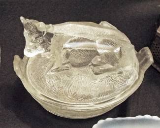ANTIQUE CLEAR DEPRESSION WITH LYING DOWN COW LID COVERED CANDY OR BUTTER DISH