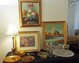 VARIOUS ANTIQUE AND VINTAGE OIL PAINTINGS AND PRINTS AND ART DECO SILVER EMBOSSED STEMWARE AND VASELINE OR CANARY GLASS