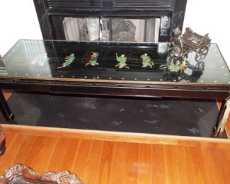 PARADE OF GEISHA GIRLS INLAY ON BLACK LACQUER LONG LOW TABLE WITH GLASS TOP