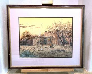 Original gouache painting of an adobe homestead during a fall dusk by Daniel Maldonado (1940 - 2019)