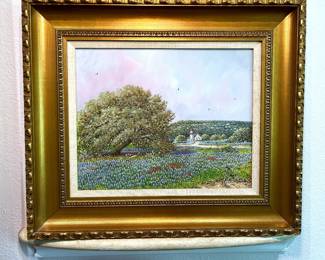 Original gouache painting of Texas Hill country and bluebonnets by Texas artist, Daniel Maldonado (1940 - 2019)