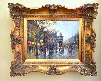  Painting possibly by French artist or in the style of Antoine Blanchard (1910 - 1988).   He is well known for his painting he did after WWII depicting the  Belle Époque period in Paris of the 1890s.  