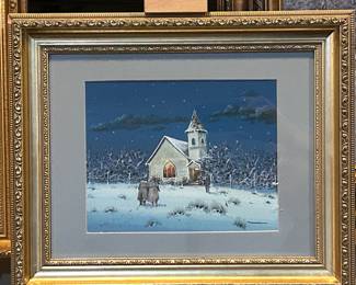 Original artwork painting by Texas artist, Daniel Maldonado (1940-2019).   It is  gouache on paper depicting a country church in a winter scene.  
