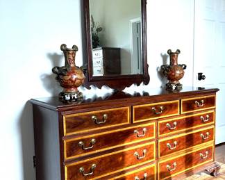 Chippendale revival long dresser with matching mirror by Thomasville with a pair of Wong Lee 1895 Porcelain & Ormolu Vases