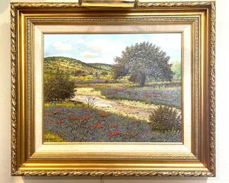 Original Manuel Garza painting of the Texas Hill Country with Bluebonnets.  This painting was specifically painted at the request of the gentleman of this estate back in 1995 (As written on the back and signed by Manuel Garza).   Garza priced this painting back in 1995 at $1,300 and it was sold for $1,100 back in 1995.   . The original card with the original price and signature from Garza will be included.    It is oil on canvas 16 x 20.  