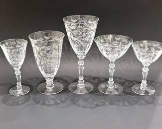 Vintage American Elegant Glassware, 'Chintz' by the Fostoria Glass Company of Moundsville, WV.  Available are 4 claret wines, 8 footed ice teas, 7 water goblets, 5 champagnes and 4 cocktails. 