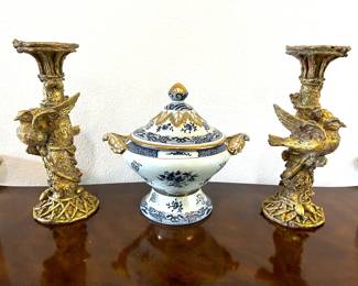 Mark Roberts gilt candlestick holders and Chinese porcelain tureen