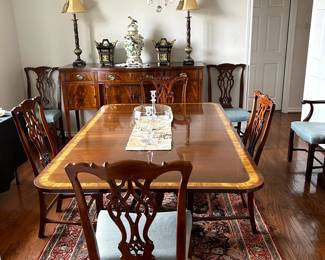 Chippendale revival style dinning table with dinning chairs, two arm chairs and six side chairs by Hickory Furniture Company. It comes with 3 leaves 