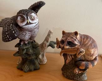 Enesco owl and raccoon figurines