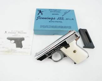 The Jennings JA-22 is a .22 LR caliber pistol with a slide and frame made of Zamak, a zinc alloy. It was introduced by Jennings Firearms as the Jennings J-22 in the 1970s. This is believed to be made in the 70s as it comes with the factory box and second mag. This pistol is in excellent condition showing normal signs of use and wear. 