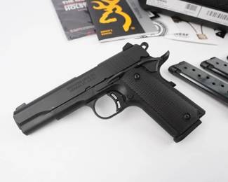 The Browning 1911-380 combines two of John M. Browning's most lasting innovations, the Model 1911 and the 380 ACP cartridge in a package that is 85% of the size of the original .The Browning 1911-380 is ideally suited for concealed carry duty, and for a wider variety of shooters. It features a single-action trigger, both an ambidextrous manual thumb safety and grip safety, and a natural grip angle which offers instinctual pointing and a feel that 1911 shooters are already familiar with. The 1911-380 also has a low bore axis, combat style sights, and steel body magazine. This pistol comes with the Original box and 4 magazines. This pistol is in excellent condition and shows little signs of use and wear.
