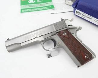 Serial # 73B5482 This Colt Govt model is a series 70 Model 0 Brushed stainless steel Chambered in 45acp featuring a 5 inch barrel. To all outward appearances, the Series 70 is a gussied-up M1911A1. It has the frame, sights, and arched mainspring housing of the M1911A1. This Pistol comes with the original box and is in excellent condition showing normal signs of use and wear. 