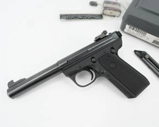 Serial # 273-79047 Condition: Excellent Introducing the Ruger 22/45 Target .22 LR handgun - a true companion for every enthusiastic shooter. This sleek and accurate pistol combines exceptional performance and reliable craftsmanship. Chambered in .22 LR caliber, it offers superb accuracy and manageable recoil with ergonomic grip. This pistol comes with the original hard case and 2 mags. This pistol is in excellent condition showing minimal signs of use and wear.