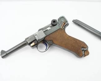 Serial # 956 Condition: Excellent The German Luger is, most likely, the most famous pistol in modern warfare. Almost every World War II movie ever made featuring German armed forces seems to show it as an integral part of its action sequences. It also played a prominent role in World War I and was carried by the armed forces of many nations. Switzerland’s army used it from 1900 into the 1970s, while the Soviet Army had 8,000 captured Nazi weapons in stock, which were never used. Invented by German arms designer Georg Luger, it was manufactured in at least 10 variants. This German Luger Was Refinished by Ford Customs and is Stunning condition, Comes with two Mags, showing normal signs of use.