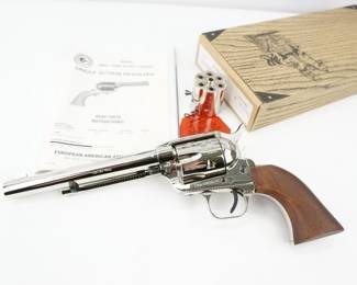 Serial # Z1232 Condition: Excellent Made by Weihrauch Revolver, a leading German firearms manufacturer known worldwide for their precision engineered sporting products, the Bounty Hunter has a long and reputable history here in the United States. The Bounty Hunter is a traditional 6-shot revolver with traditional resting notch, and it also has a transfer bar and recessed chambers for safety. Available in several finish choices and caliber options; 22LR / 22WMR, .357 Mag, .44 Mag and 45 LC. This revolver comes with an additional cylinder (22 LR) and the original box. This revolver is in excellent condition showing minimal signs of use and wear.