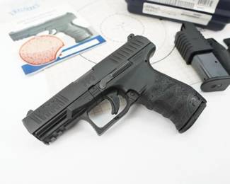 Serial # FAJ5889 Condition: Excellent The Walther PPQ is a semi-automatic pistol developed by the German company Carl Walther GmbH Sportwaffen of Ulm for law enforcement, security forces and the civilian shooting market as a development of the Walther P99. This pistol is chambered .40 S&W and is sold with 2 magazines, speed loader and original hard case. The pistol is in excellent condition, showing minimal signs of use and wear. 