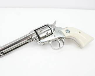 Introduced in June of 1953, the Single Six was Ruger's first single-action revolver. The original three-screw "flat gate" Single Six came with a 5.5" barrel and fixed rear site with drift adjustment and could be had for under $60. In 1973 the Ruger Single Six was changed to the "New Model" Single Six, and the transfer bar safety was added. This Ruger was manufactured in 1978 and is chambered in 32 H&R MAG and has a nickel finish and pearl grips. This Revolver is in excellent condition showing normal signs of use and wear. 