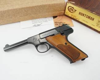 Serial # 076139S Condition: Excellent Manufactured in 1975 this Colt Huntsman Pistol is chambered in .22 LR and comes with the factory box, 1 magazine, and paperwork. The pistol is in excellent condition , showing minimal signs of use and wear. 