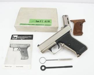 HK P7M10, this is a 40 caliber pistol, with a 10 round magazine. Based off the P7 or PSP pistol. The pistol comes with Factory cardboard box, two magazines, a cleaning kit, instruction manual and wood HK pistol grips. The pistol has a nickel finish. It has a Sterling VA import mark. The date code on the firearm is KC, which is 1992. This is a great pistol that is fairly rare. 