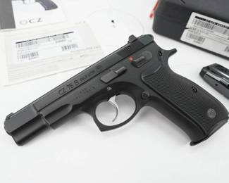 Designed in 1975, and with over one million produced the entire family of CZ pistols is available based on the basic CZ 75 design: compacts, de-cockers, single action only, ambidextrous, alloy frames as well as competition pistols. The 75 B features a steel frame, a black polycoat finish, and 3 dot sights. The trademark CZ ergonomics and DA/SA action have made it the most copied handgun design second only to the 1911. The ‘B’ designation is an indicator that the model is equipped with a firing pin block safety. This pistol comes in the original box and has two mags. This pistol is in excellent condition showing normal signs of use and wear. 