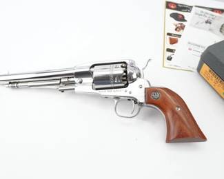 Ruger Old Army Model 01406 Fixed sight 7 1/2" barrel. This Cap and Ball revolver is no longer made.The Ruger Old Army is a black-powder percussion revolver introduced in 1972 by the Sturm, Ruger company and manufactured through 2008. This design was built around the Blackhawk, but it takes its styling cues from the Spiller and Burr cap and ball pistol. This is due to the frame being longer in front to accommodate the loading lever and pivot pin. This revolver is chambered in .457 BP and features a 7.5” barrel and wood grips. Comes with original box. The revolver is in excellent condition, showing minimal signs of use and wear.