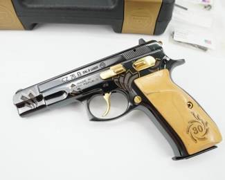Serial # 30-0126 Condition: Excellent CZ 75B 9mm Luger caliber pistol. XZs limited edition 30th anniversary model with only 1000 made. this pistol is #126 of 1000 made. Features high gloss blued finish, engraved blonde birch wood grips, 24 karat gold inlays, 24 karat gold plated controls and special 30th anniversary engravings. The pistol is in excellent condition and is sold with a CZ case and one magazine.