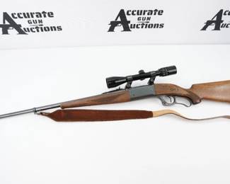Serial # 419882 The Savage 99 is an internal-­hammer action with a massive bolt that, although rear-­locking, gave it the strength to handle somewhat higher pressures than was possible with contemporary tubular-­magazine lever guns. Perhaps more importantly, Savage abandoned the tubular magazine of the day for the rotary magazine (and later a detachable magazine) under the bolt. From the start, this enabled the Savage design to handle more aerodynamic spitzer bullets. This Rifle is Chambered in 300 Savage and is paired with a Swift scope. This Rifle is in excellent condition showing normal signs of use and wear.